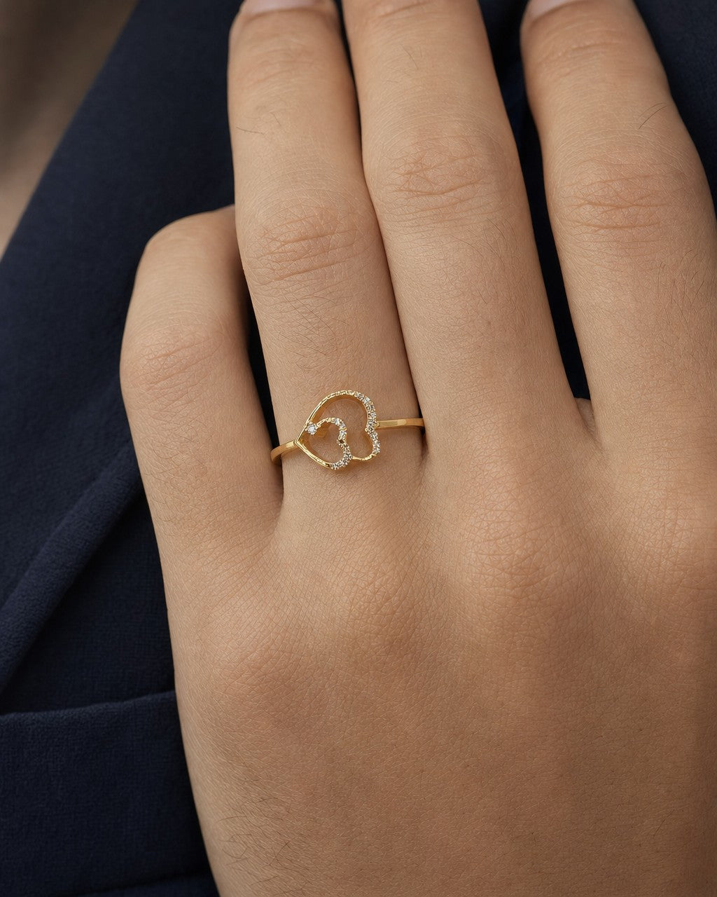 Male model wearing 14K Aime Heart Diamond Ring