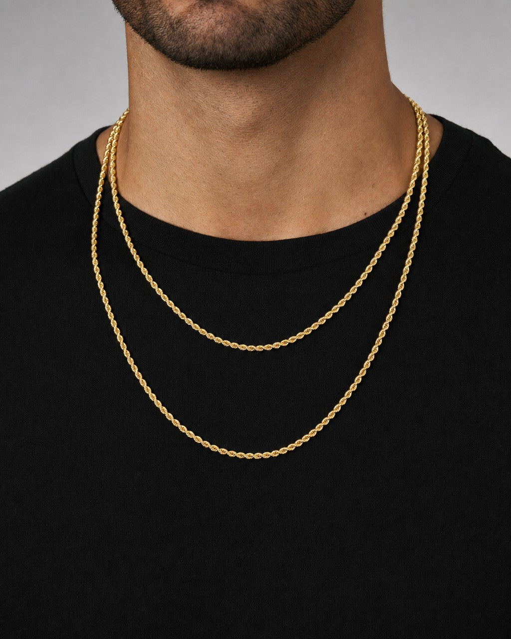 Male model wearing 14K 1.5MM Rope Chain 18-20"