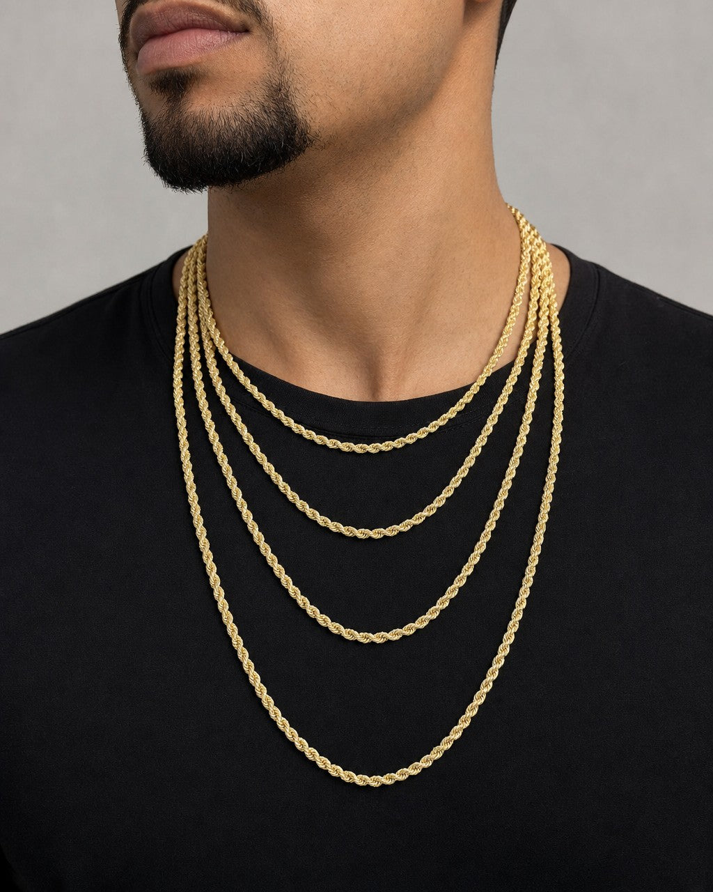 Male model wearing Rope Chain Necklace Real 10K Yellow Gold Full Collection