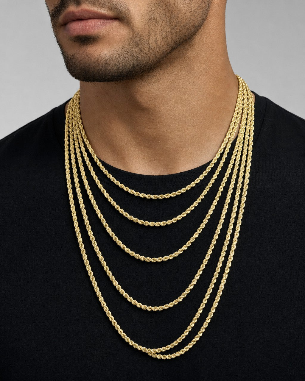 Male model wearing 10K Yellow Gold 3.5MM Rope Chain 16-24"