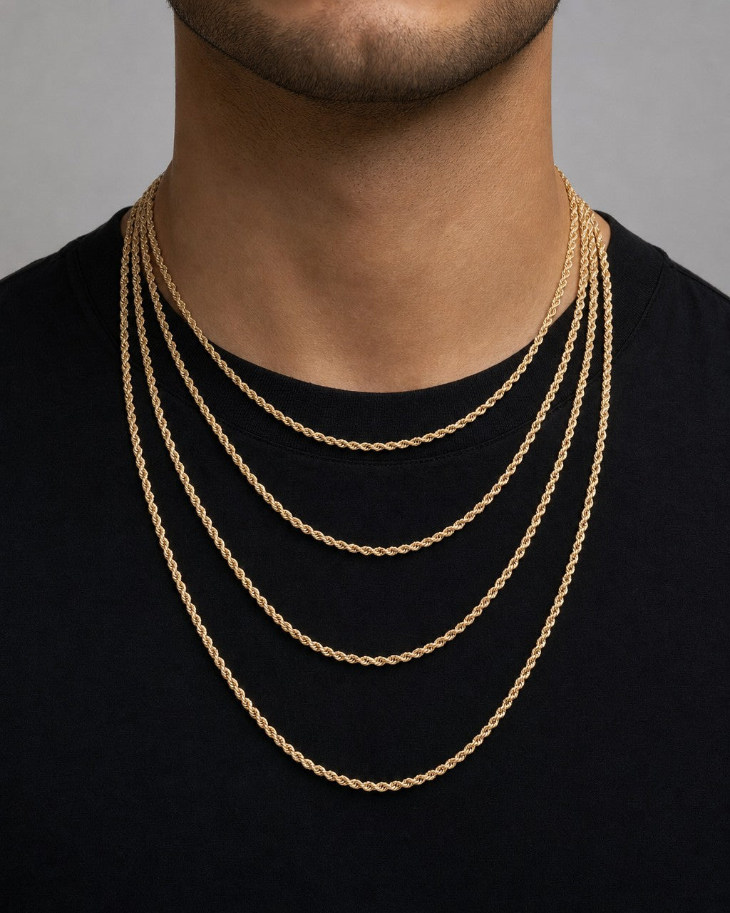 Male model wearing Rope Chain Necklace Real 10K Rose Gold Full Collection