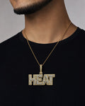 Male model wearing 10K Heat Name Plate Pendant