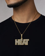 Male model wearing 10K Heat Name Plate Pendant