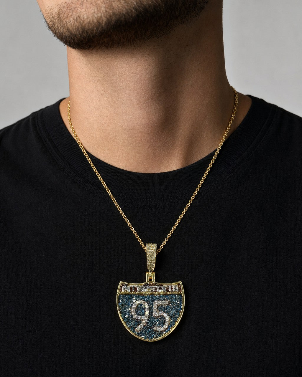Male model wearing 10K I-95 Interstate Highway Diamond Pendant