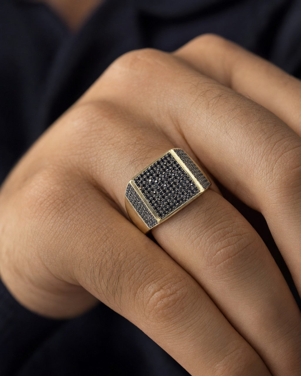 Male model wearing 10K Square Black Diamond Ring