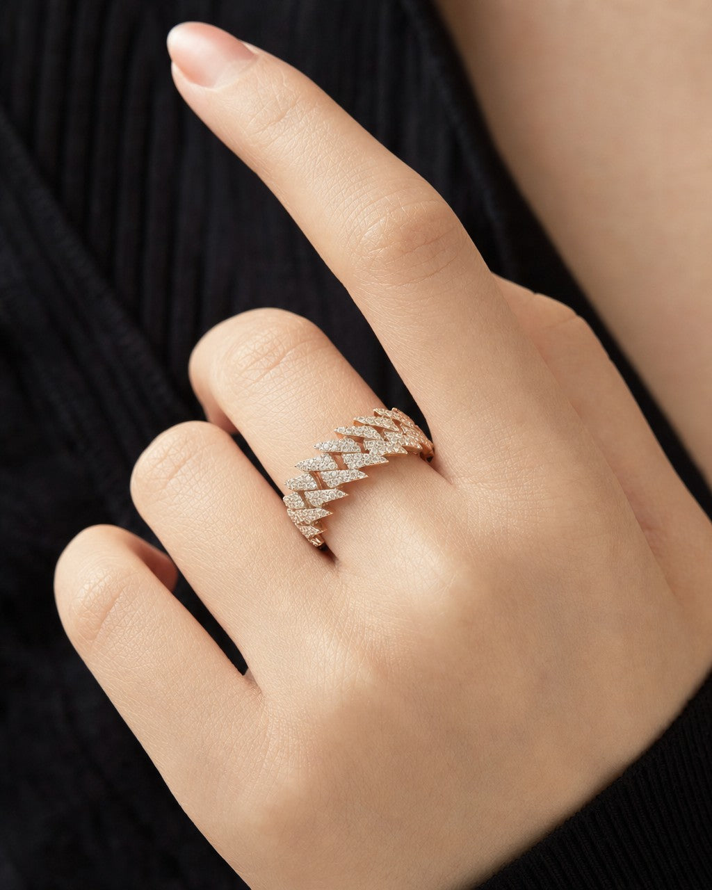 Female model wearing 14K Eternity Cuban Thorn Ring 2.3ct