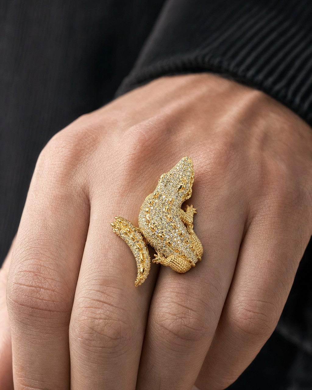 Male model wearing 14K Alligator Diamond Ring