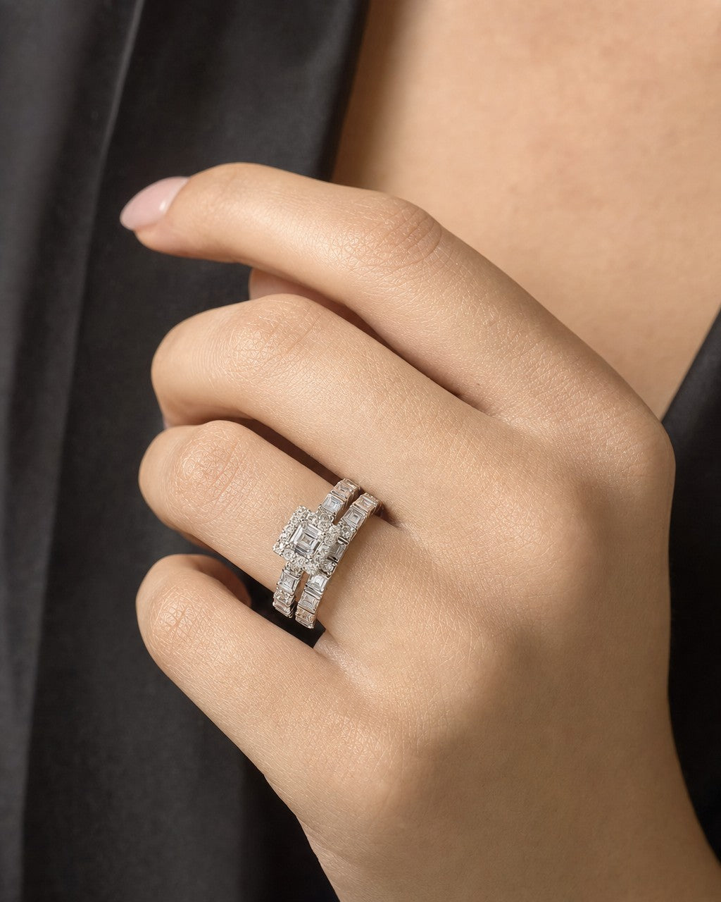 Female model wearing 14K Rectangle Diamond Baguette Engagement Ring