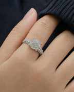 Female model wearing 14K Luxe Circle Halo Diamond Engagement Ring