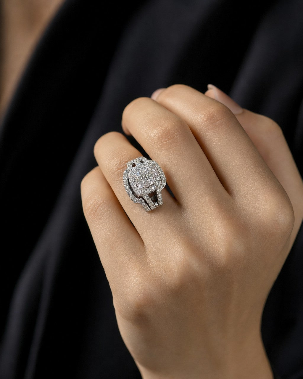 Female model wearing 14K Square Halo Diamond Engagement Ring with Stack Band