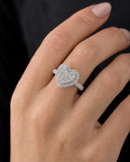 Female model wearing 14K Heart Halo Diamond Ring