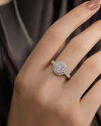 Female model wearing 14K Sienna Halo Circle Diamond Engagement Ring