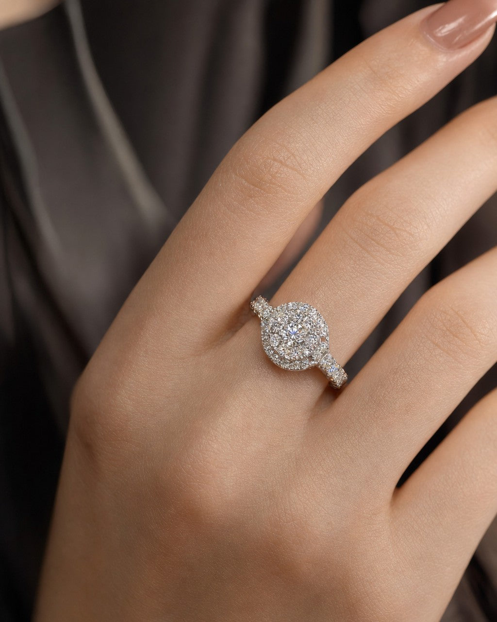 Female model wearing 14K Sienna Halo Circle Diamond Engagement Ring