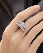Female model wearing 14K Square Diamond Baguette Engagement Ring with Stack Band