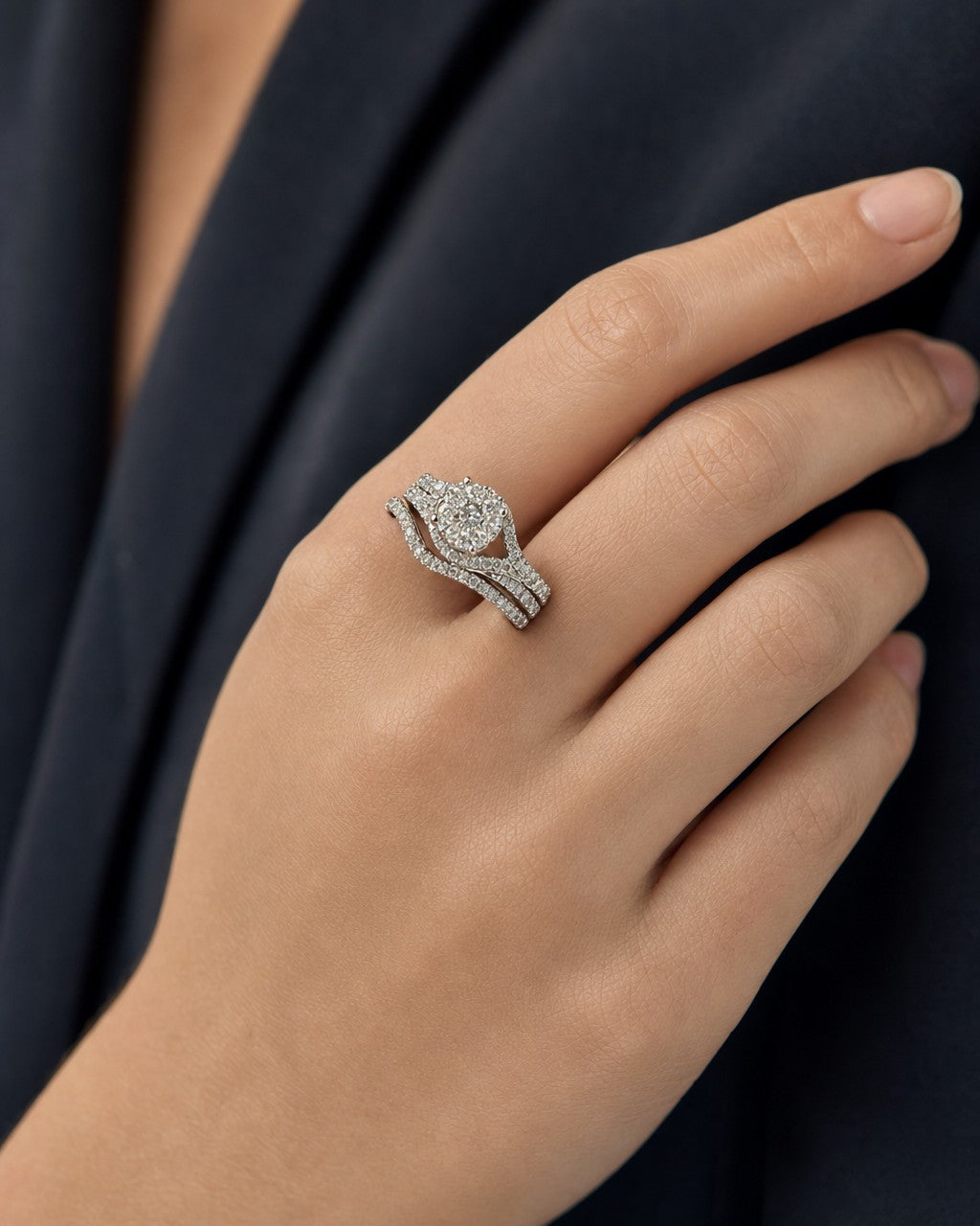 Female model wearing 14K Circle Engagement Ring with Thin Stack Band
