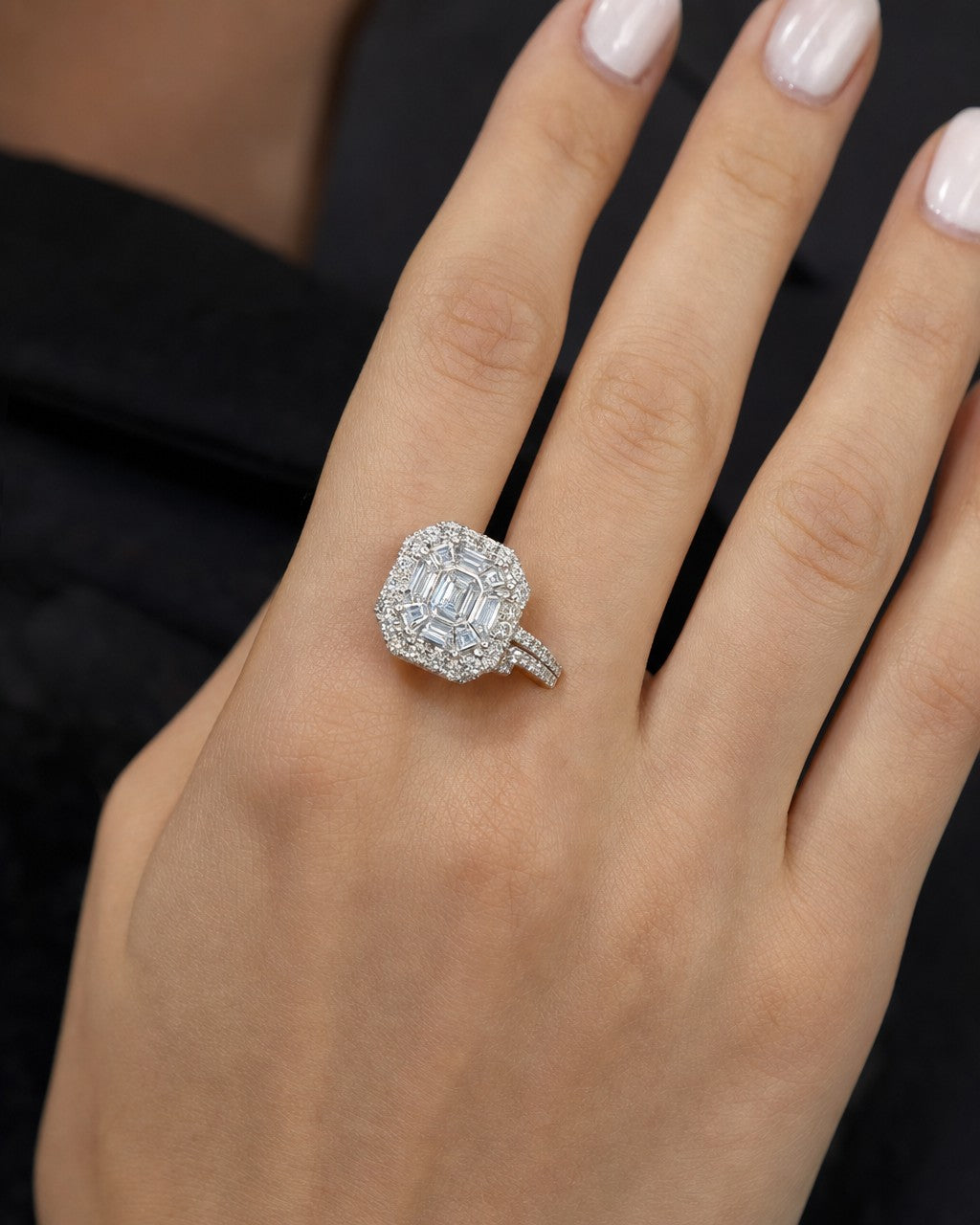 Female model wearing 14K Jumbo Rectangle Stacked Diamond Baguette Engagement Ring