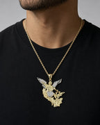 Male model wearing 10K Saint Michael Pendant