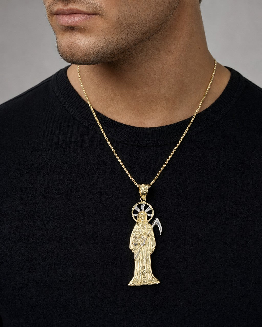 Male model wearing 10K Santa Muerte Grim Reaper Pendant
