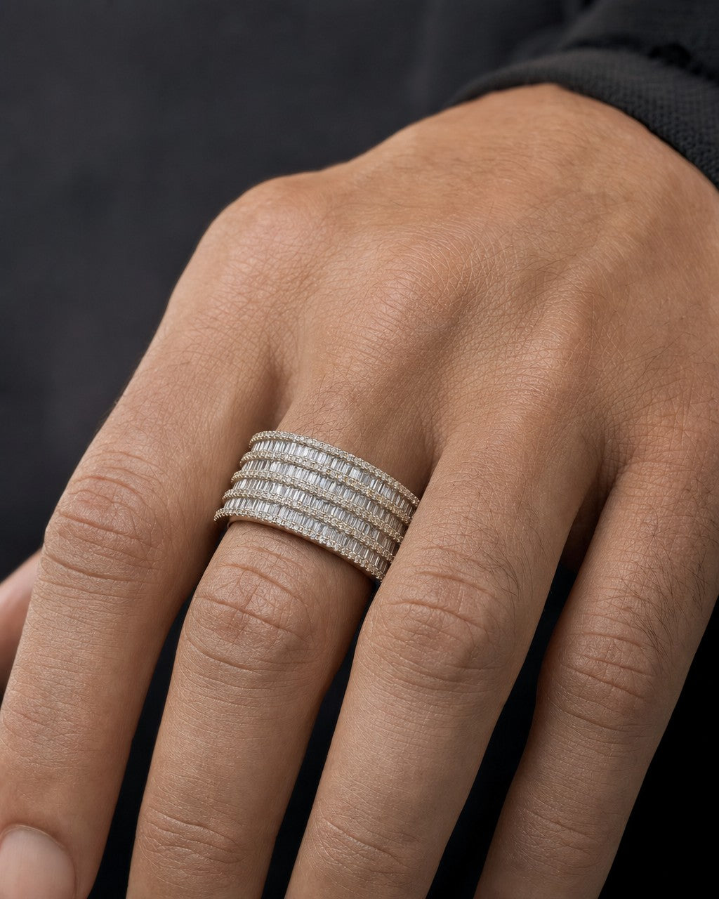 Male model wearing 14K Stacked Diamond Baguette Ring