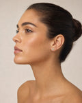 Female model wearing 10K Square Baguette Diamond Earrings