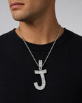 Male model wearing 14K Initial J Diamond Baguette Pendant