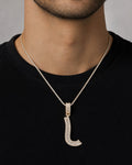 Male model wearing 14K Initial U Diamond Baguette Pendant
