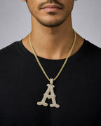 Male model wearing Old English Initial Letter Diamond Pendants Full Collection