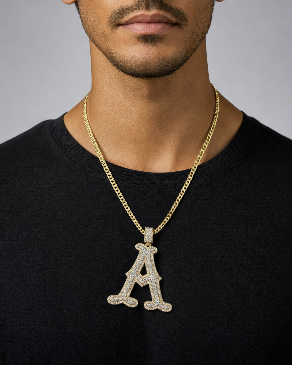 Male model wearing Old English Initial Letter Diamond Pendants Full Collection