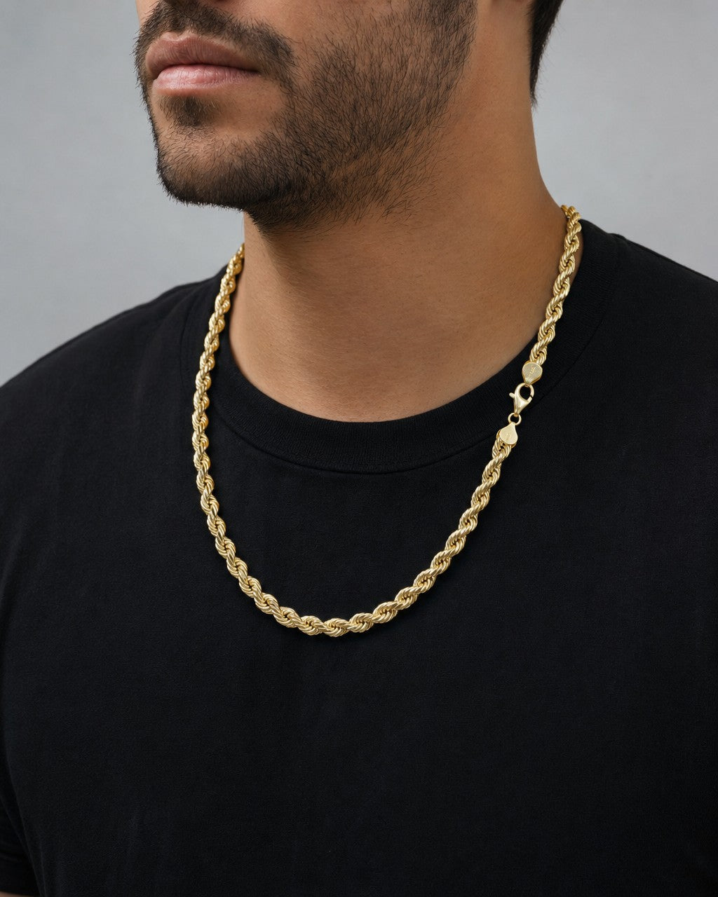 Male model wearing Rope Chain Necklace Real Solid 14K Yellow Gold 20"-24"