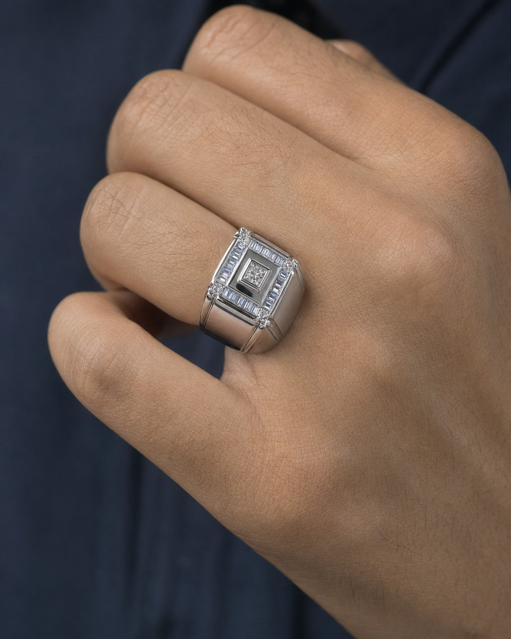 Male model wearing 14K Diamond Baguette Cut Tower Ring
