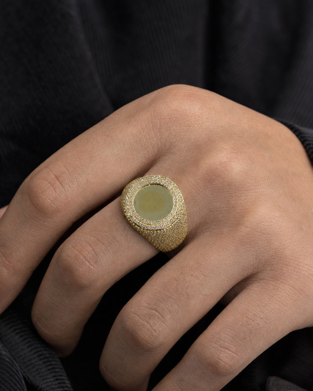 Male model wearing 10K Luxe Circle Photo Diamond Ring