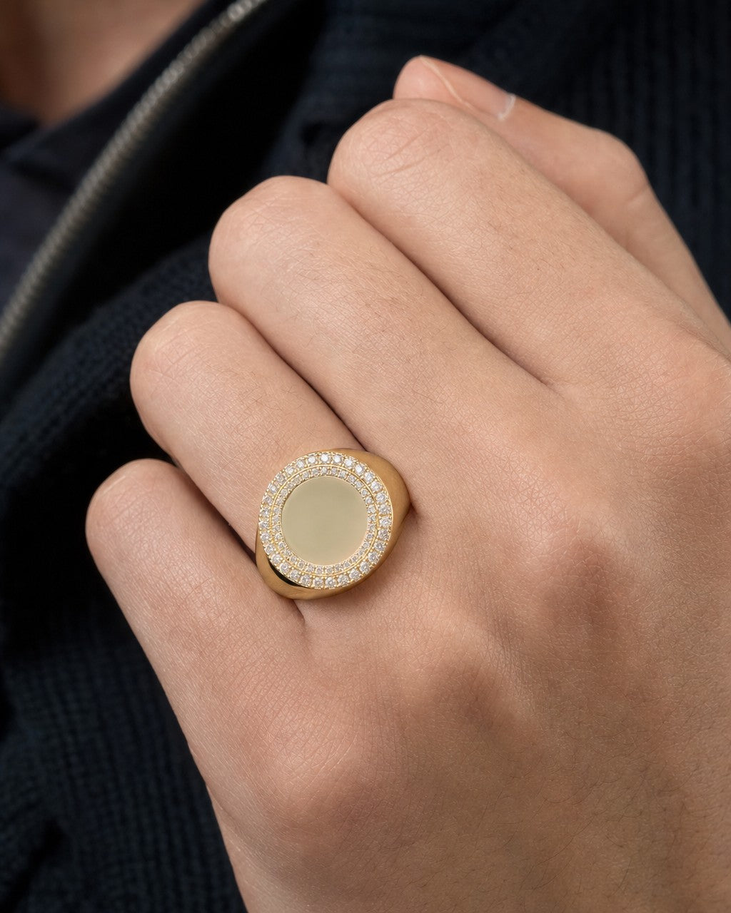 Male model wearing 10K Circle Photo Diamond Ring