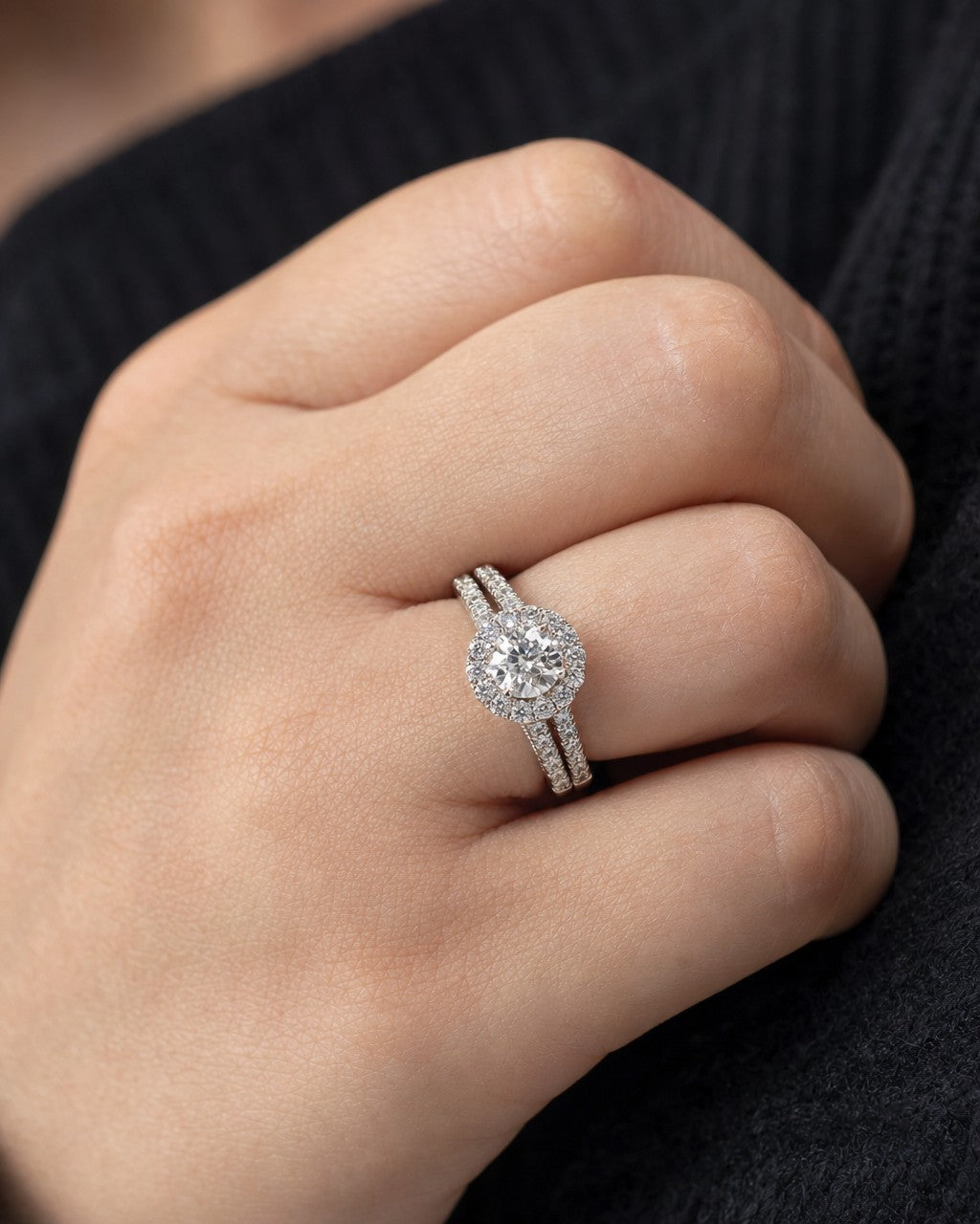 Female model wearing 14K Adore Halo Circle Diamond Engagement Ring