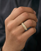 Male model wearing 14K Dome Diamond Baguette Ring