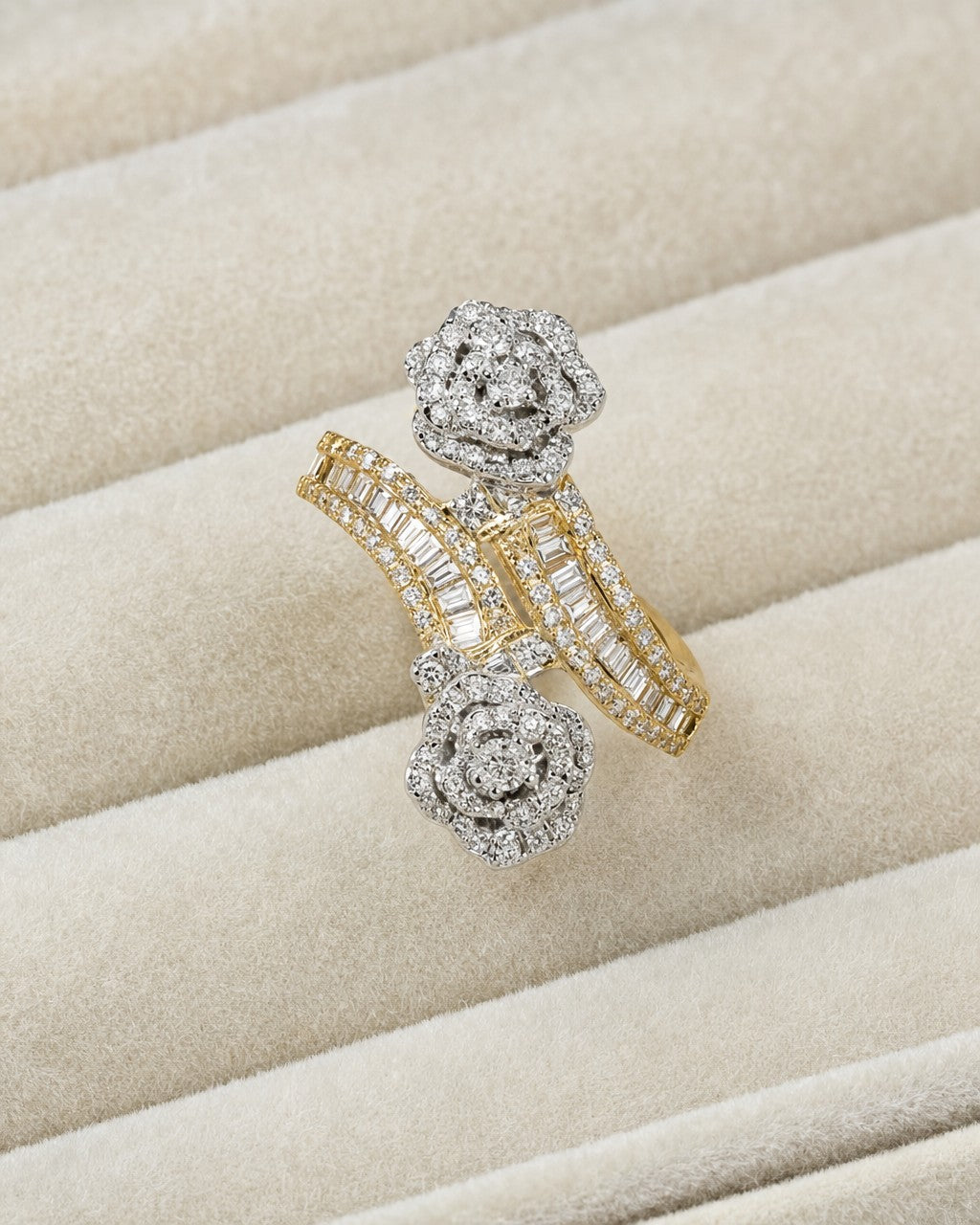 14K Two-Tone Flower Diamond Baguette Bangle Ring styled photo