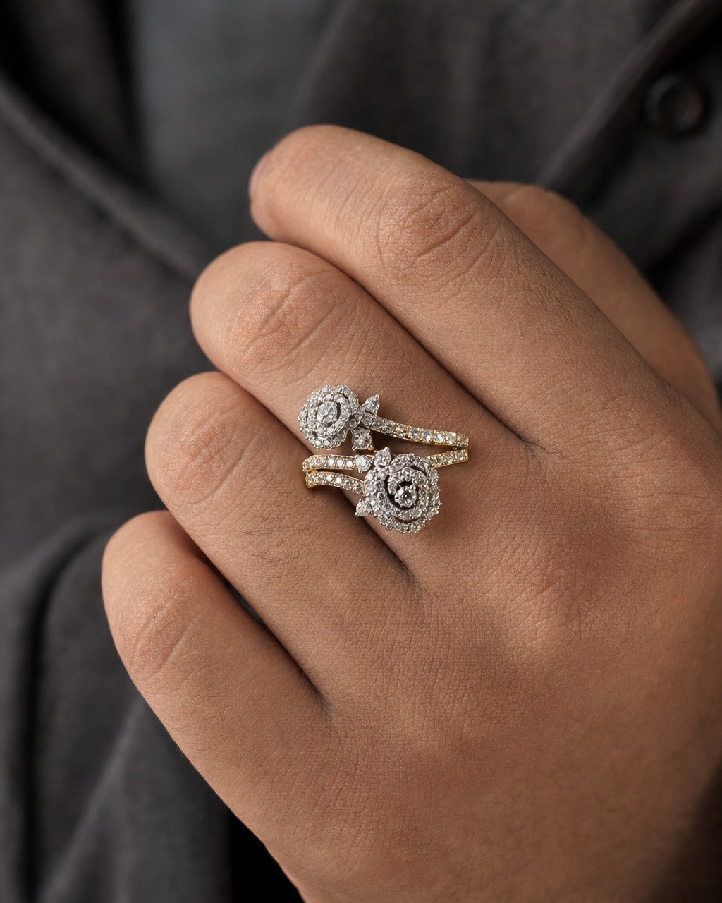 Male model wearing 14K Two-Tone Flower Diamond Ring