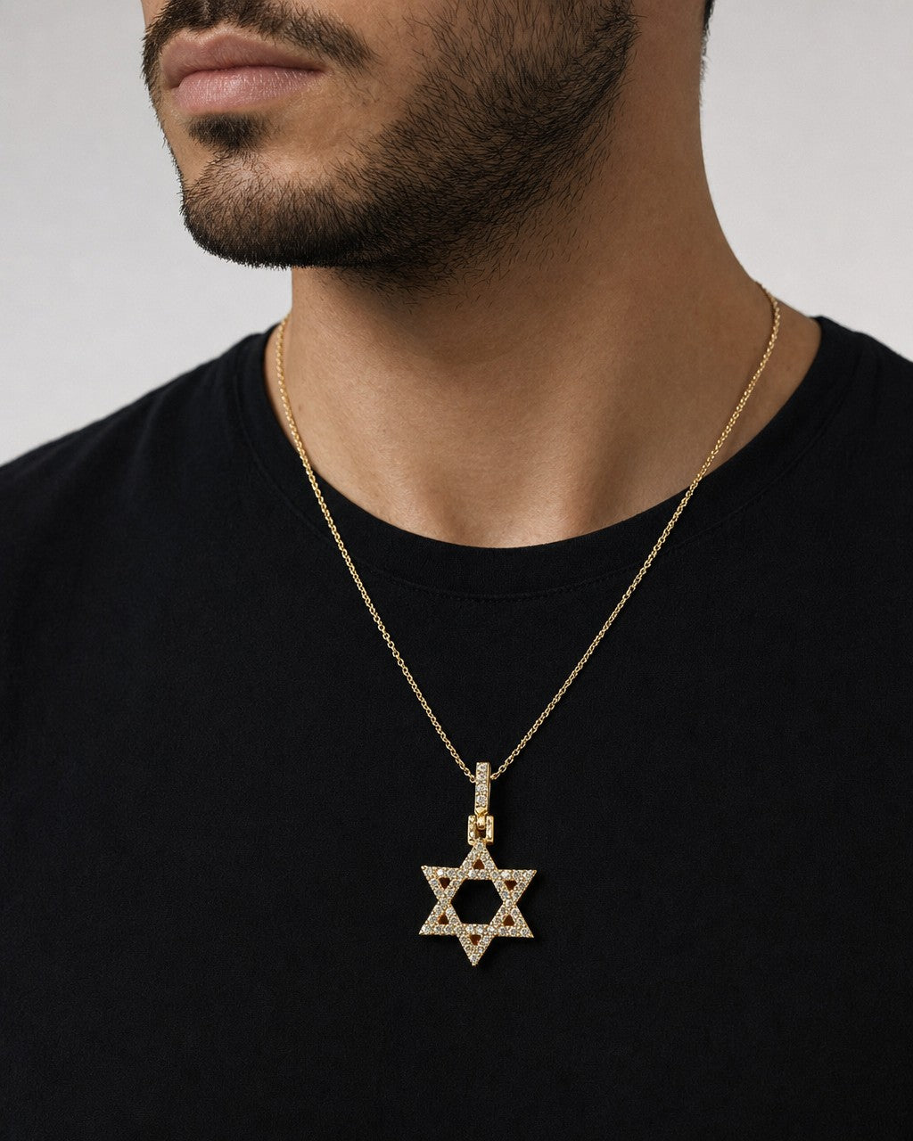 Male model wearing 14K Star of David Diamond Pendant