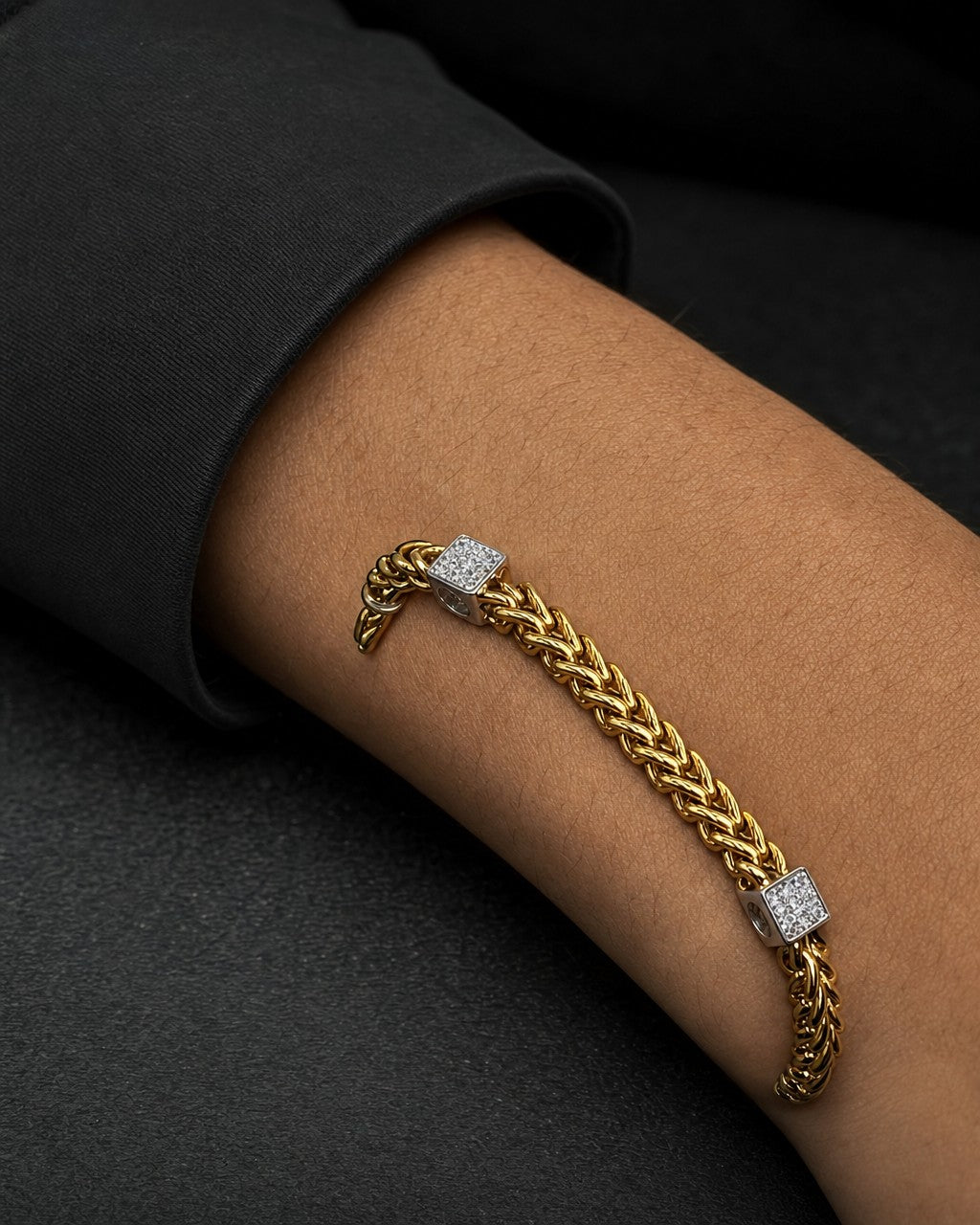 Male model wearing 18K Box Cuban Diamond Bracelet