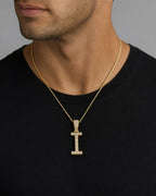 Male model wearing 10K Cursive I Initial Diamond Pendant