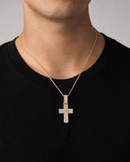 Male model wearing 14K Diamond Baguette Cross Pendant