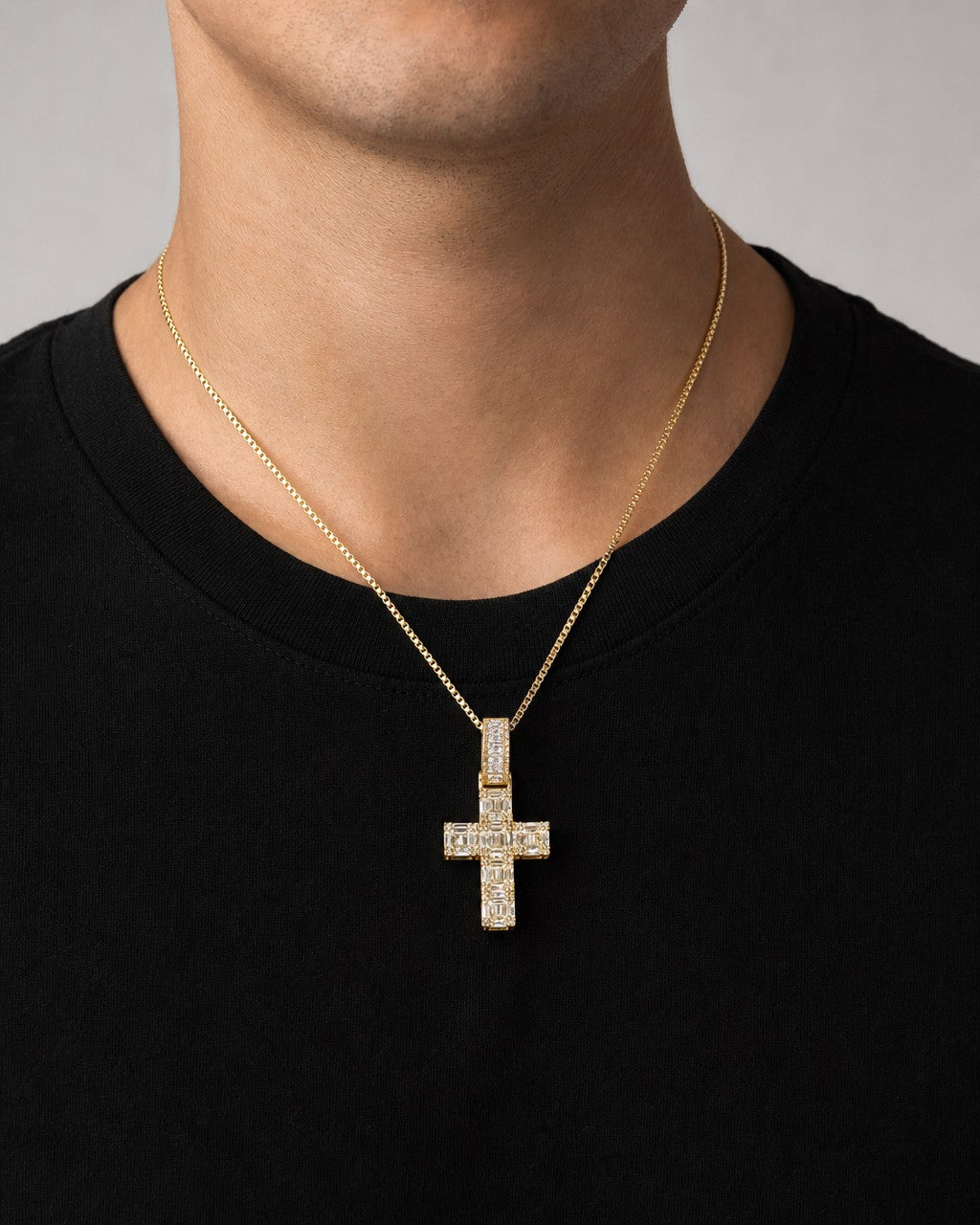 Male model wearing 14K Diamond Baguette Cross Pendant