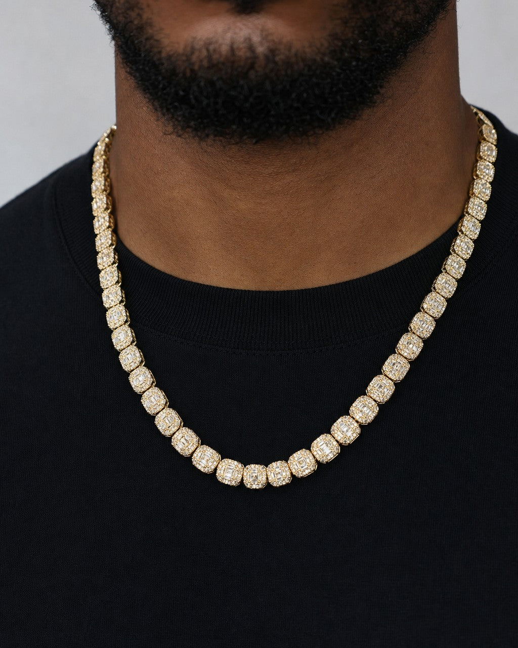 Male model wearing 10K 7.5MM Rectangle Diamond Baguette Link Chain 20"