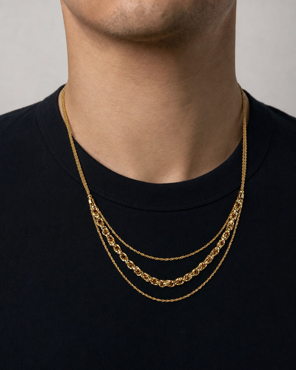 Male model wearing 10K Layered Gold Necklace