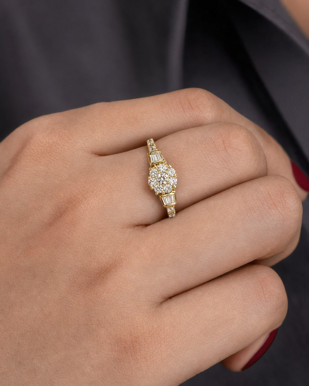 Female model wearing 14K Baguette Diamond Unity Engagement Ring
