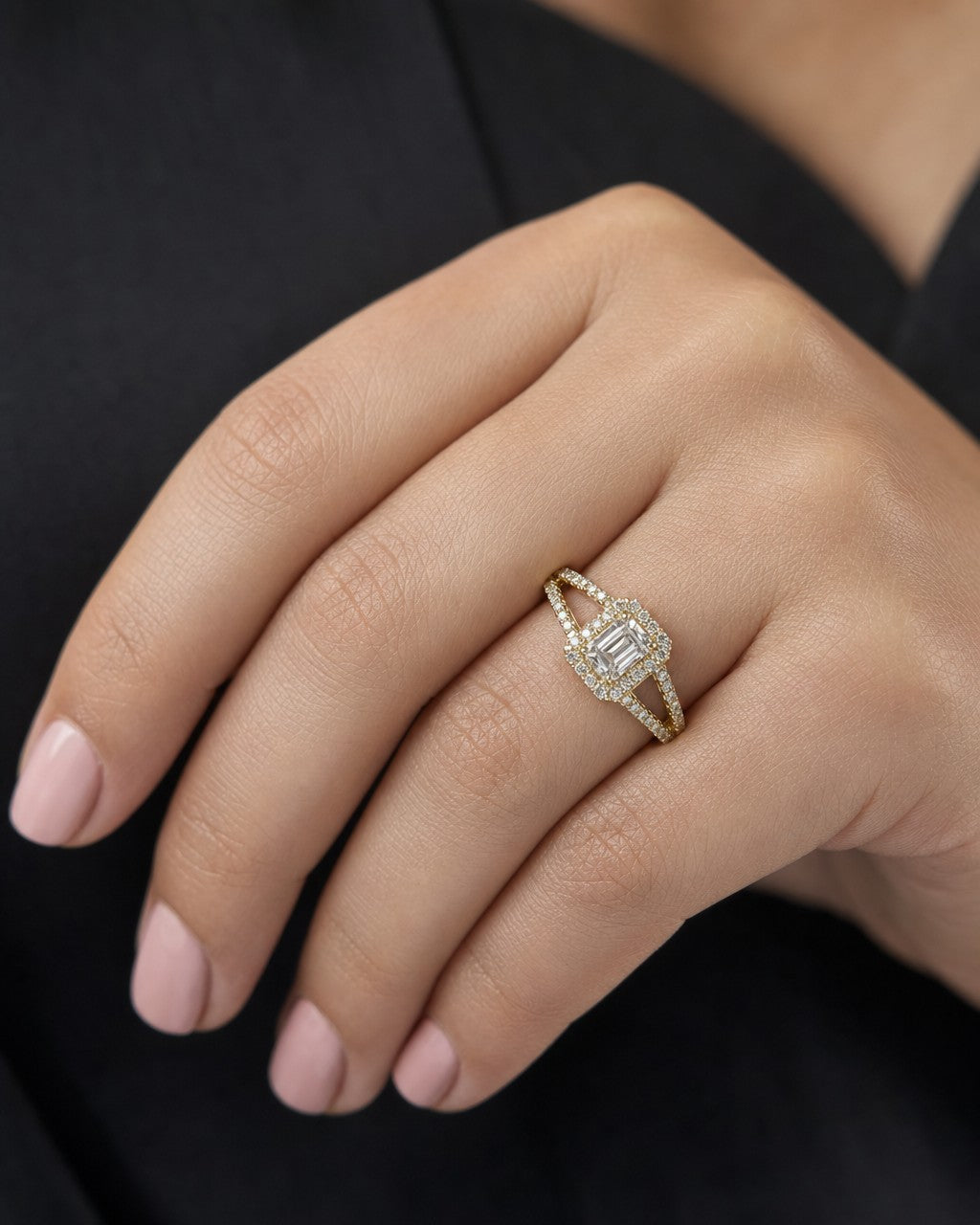 Female model wearing 14K Baguette Diamond Square Engagement Ring