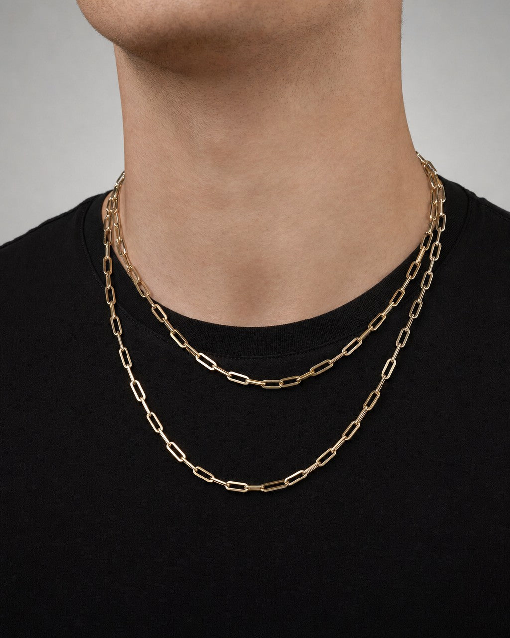 Male model wearing 14K Gold 3.8MM Paper Clip Chain 16"-20"