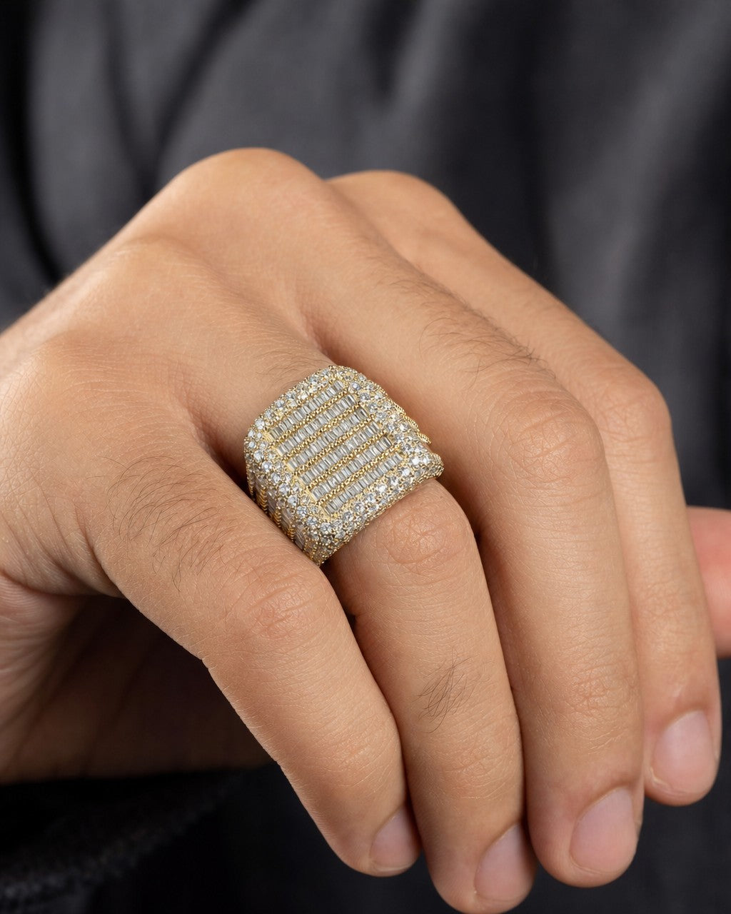Male model wearing 14K Jumbo Stacked Diamond Baguette Ring