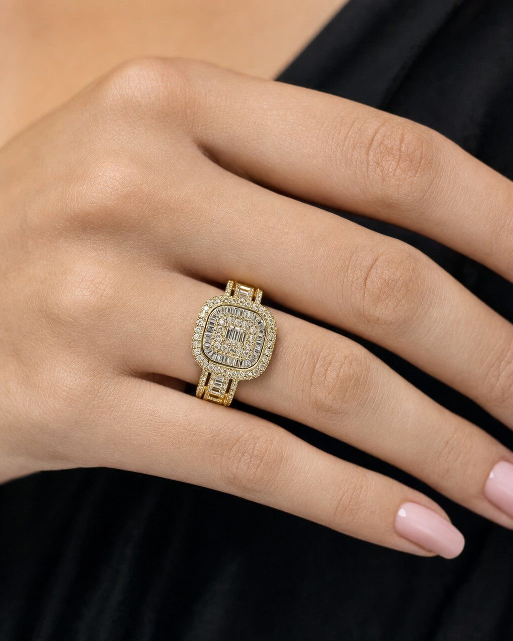 Female model wearing 14K Jumbo Square Halo Diamond Baguette Ring