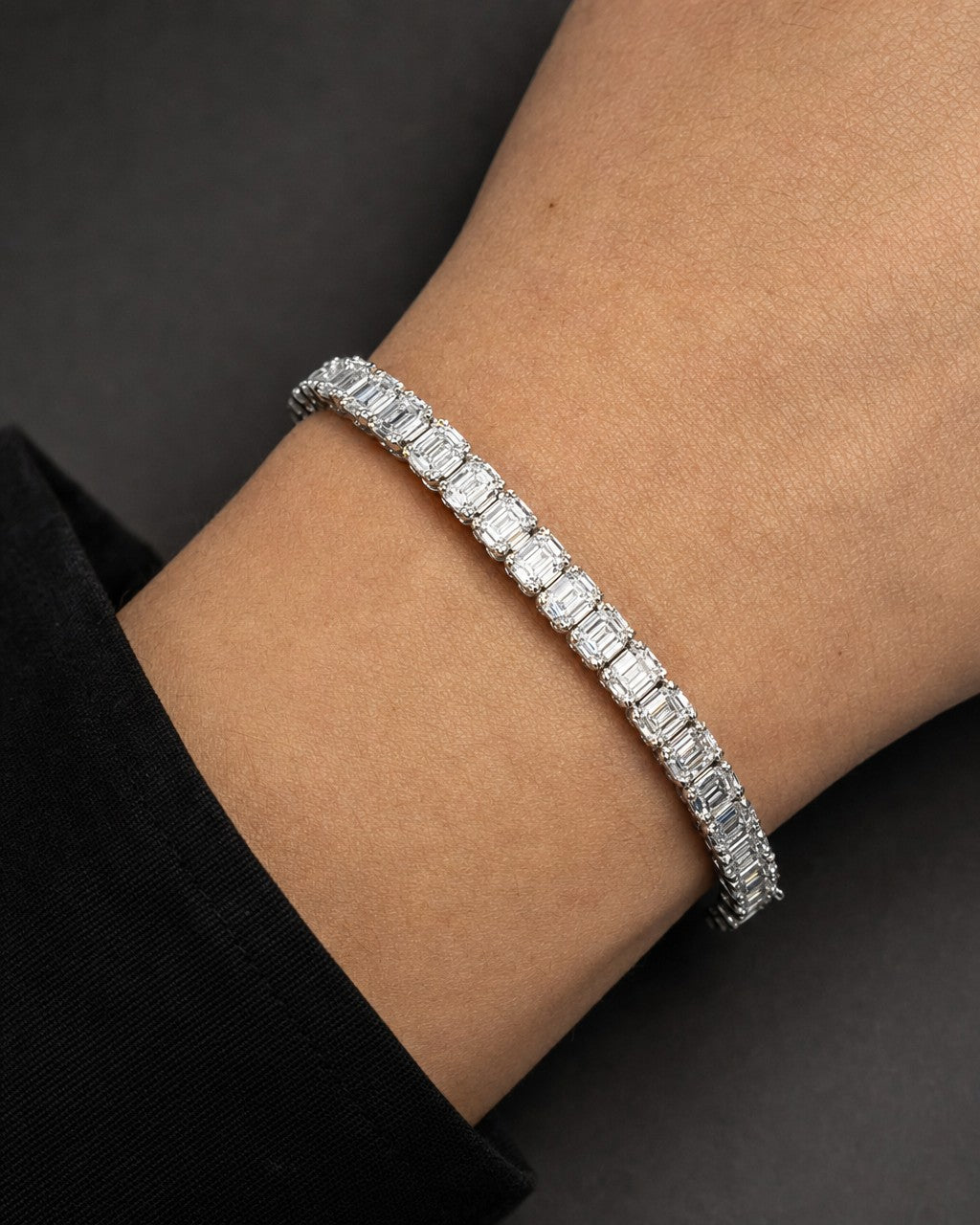 Male model wearing 14K 5MM Rectangle Link Diamond Baguette Bracelet 8"