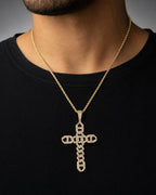 Male model wearing 14K Cuban Link Cross Diamond Pendant